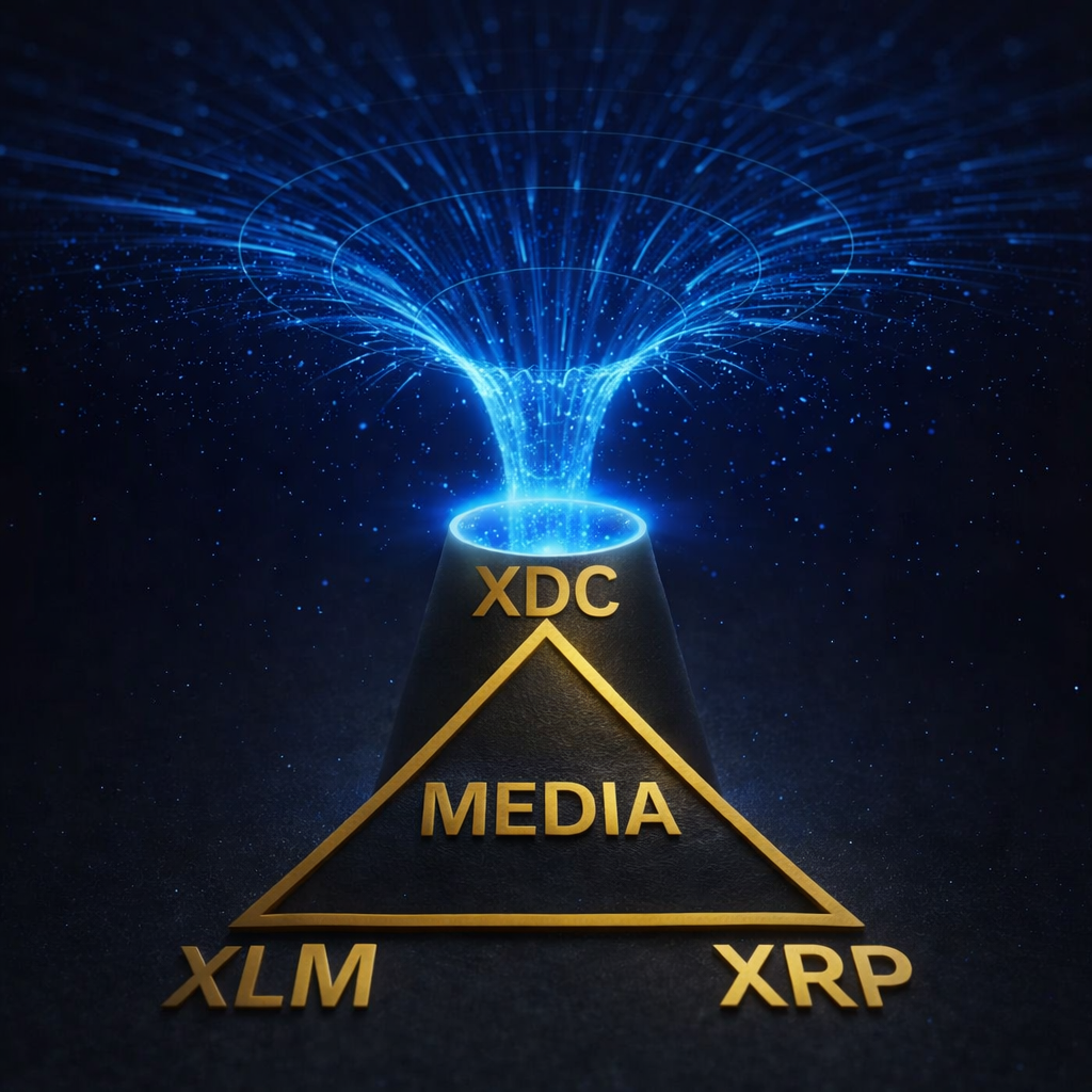 A blue, glowing black hole resembling a portal sits behind a gold triangular layout representing the token economy. XDC is positioned at the top of the triangle, XLM at the bottom left, XRP at the bottom right, and Media at the center, all rendered in gold against a dark cosmic background.